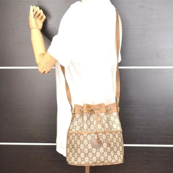 Authentic GUCCI Vintage GG Plus Shoulder Cross Drawstring Bag Beige/Brown - Picture 8 of 16